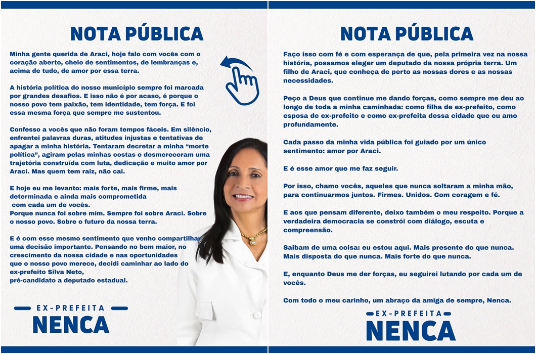 Após repercussão, Nenca se pronuncia e confirma decisão de caminhar ao lado de Silva Neto em Araci