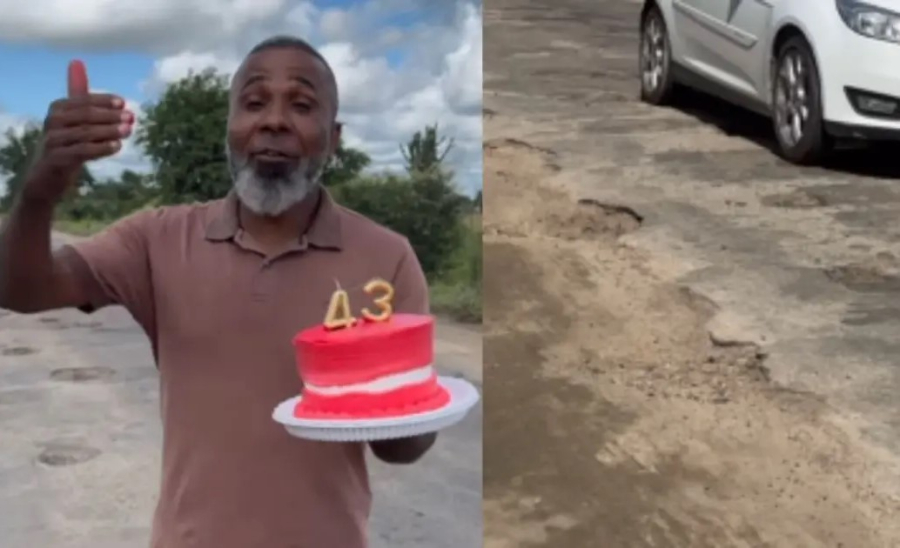 Vereador de Queimadas protesta com bolo de “aniversário” por abandono da BA-120