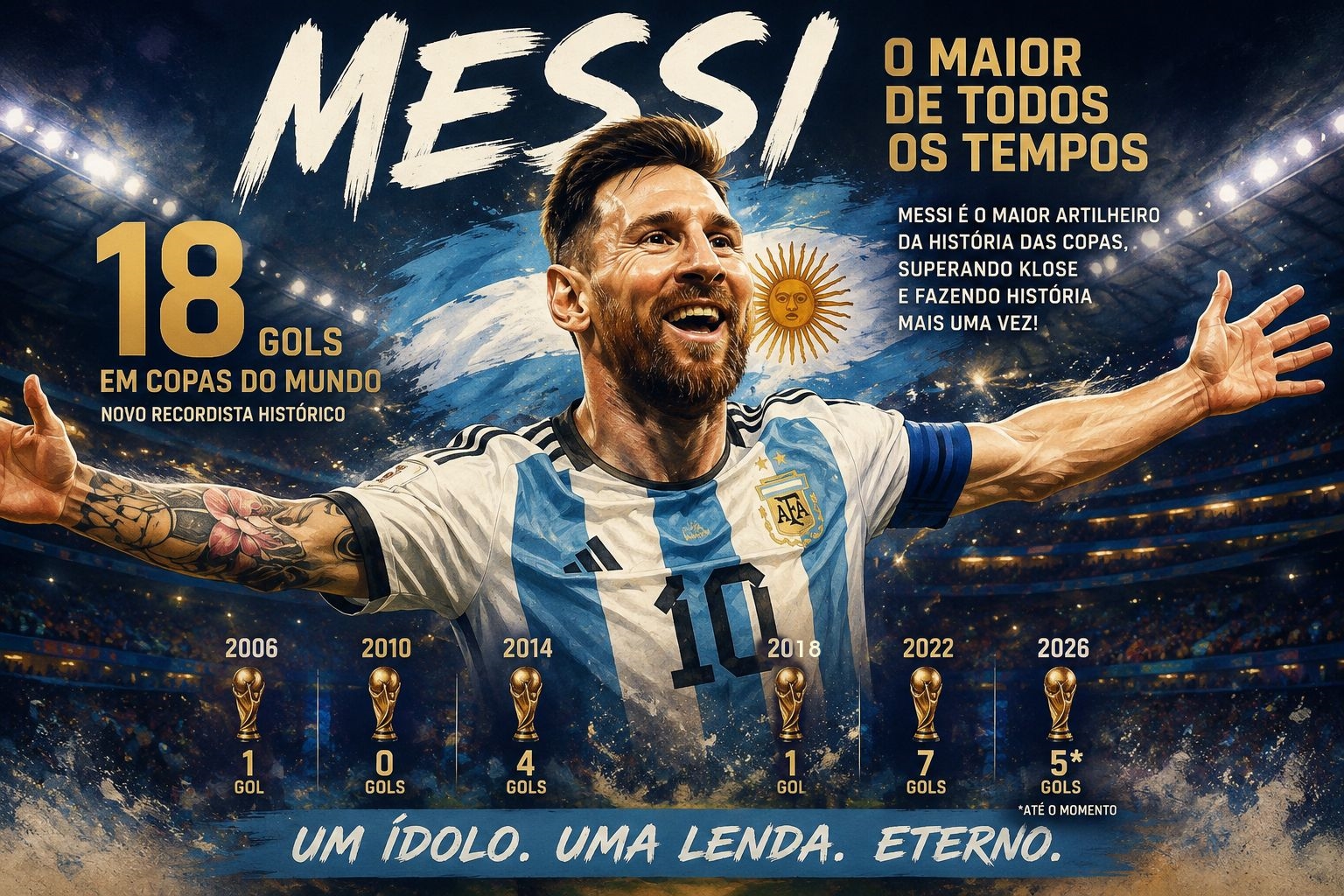 Messi marca dois gols na vitória da Argentina e se torna o maior artilheiro da história das Copas do Mundo.