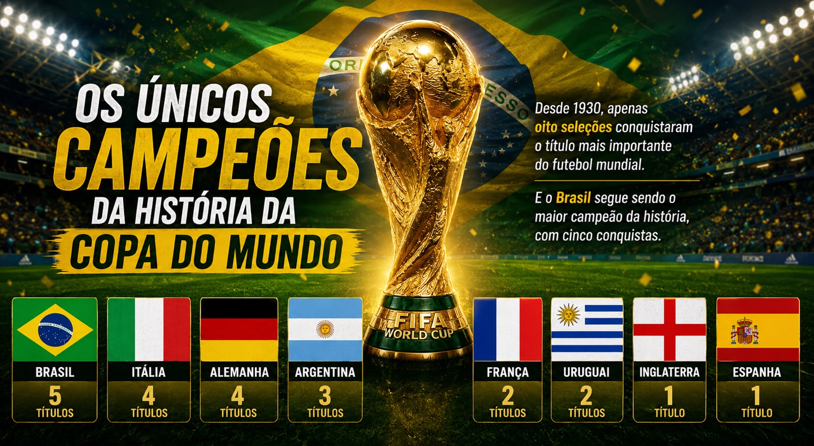 Apenas oito seleções já conquistaram a Copa do Mundo; Brasil lidera ranking histórico com cinco títulos
