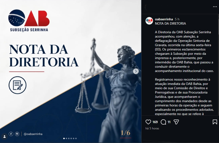 OAB Serrinha divulga nota sobre Operação Sintonia de Gravata e reforça defesa do devido processo legal