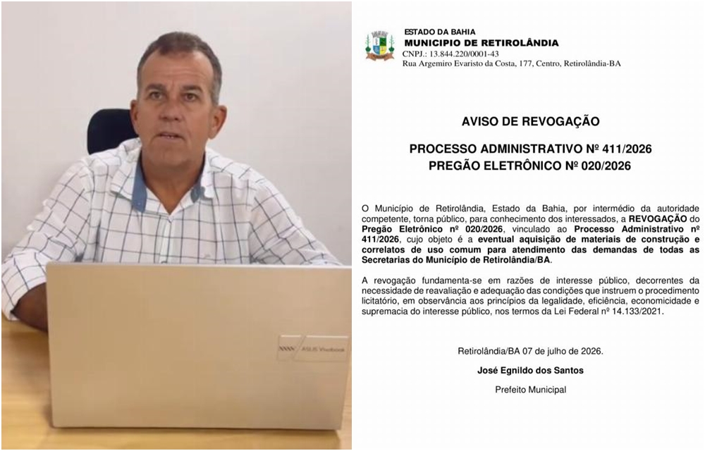 Prefeitura de Retirolândia revoga licitação após denúncias de suposto favorecimento