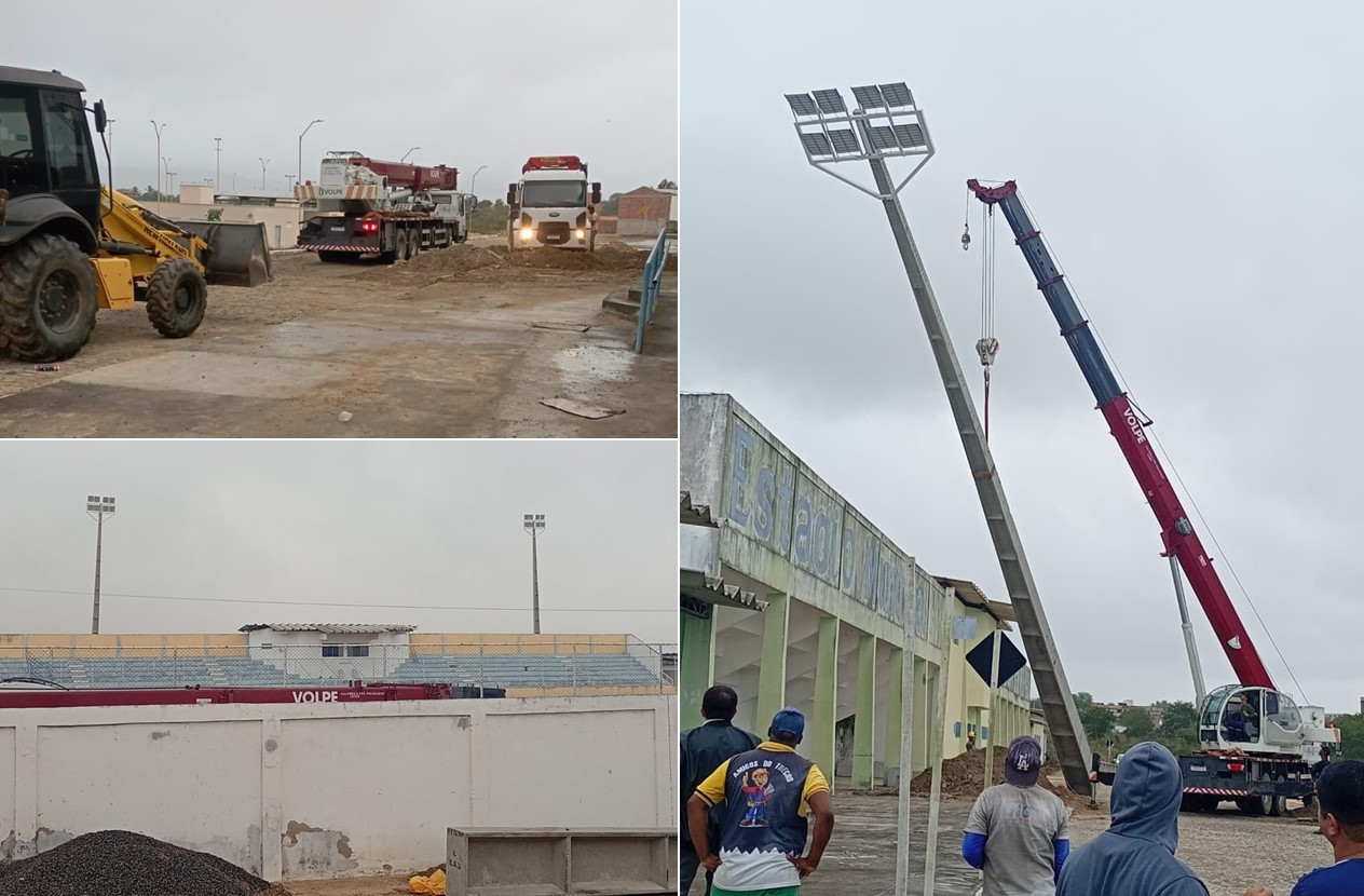 Obra de iluminação do Estádio Municipal de Barrocas avança com início do içamento das torres