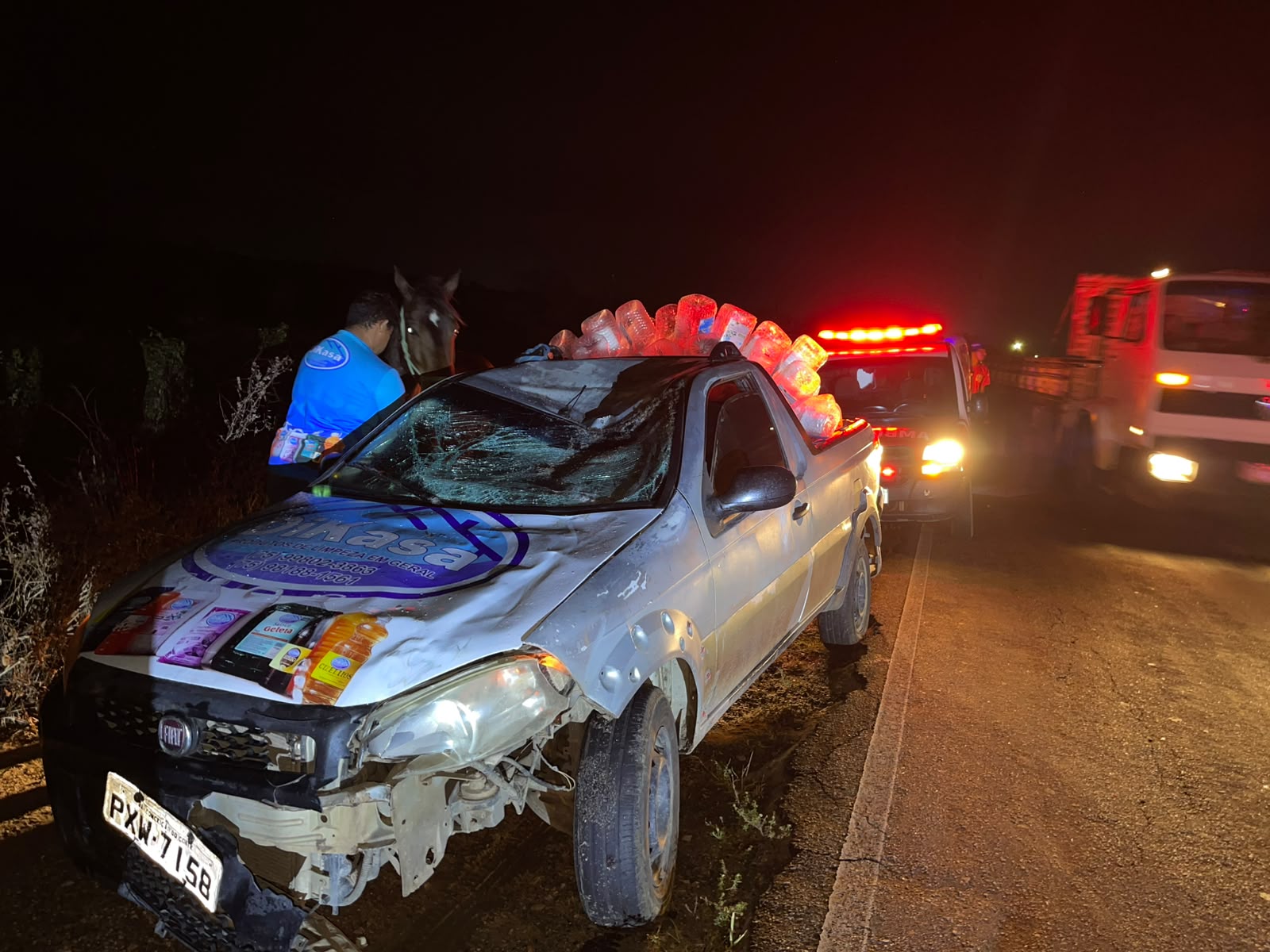 Carro bate em cavalo solto na BA-120 e deixa mulher ferida em Conceição do Coité