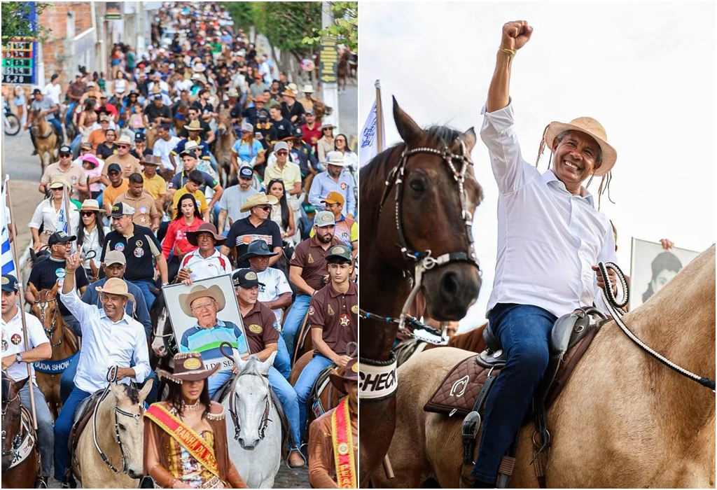 Filho de vaqueiro, Jerônimo participa montado do desfile da Vaquejada de Serrinha